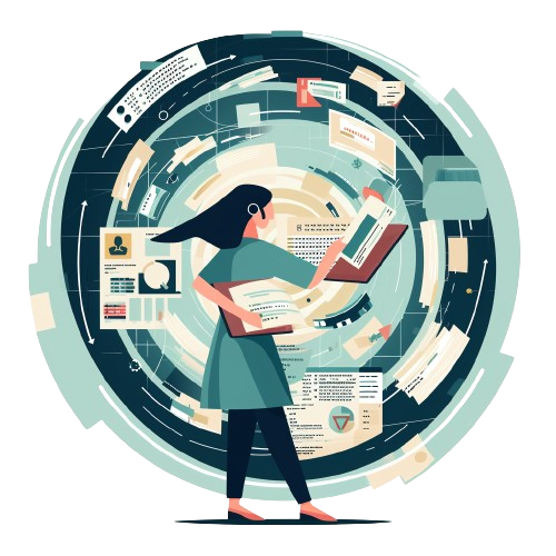 Illustration of a woman interfacing with a dynamic, circular data vortex, symbolizing advanced data processing and integration.